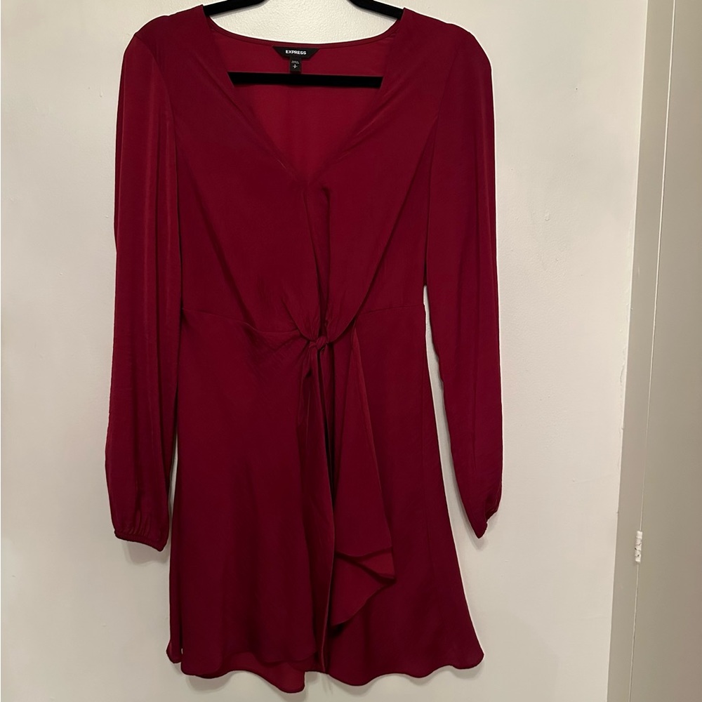 Express Long Sleeve V-Neck Dress - Burgundy Wine - Size S